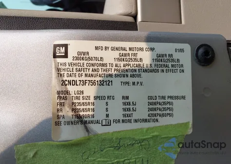 2005 Chevrolet Equinox Lt из США, поврежденный, VIN 2CNDL73F75613212